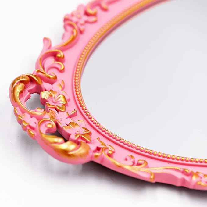 Vintage Decorative Pink Framed Mirror, Wall Hanging Mirrors & Tabletop Tray for Bedroom Living Room Dresser Decor, Oval- 9.6" W x 14.3" L (Pink)