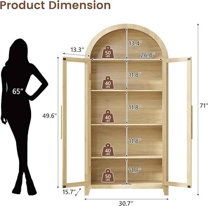 Vlsrka 71" Arched Storage Cabinet with Doors, Display Cabinet with LED Light & Human Sensor, 5-Tier Display Cases for Collectibles, Curio Cabinet with Ajustable Shelf for Living Room
