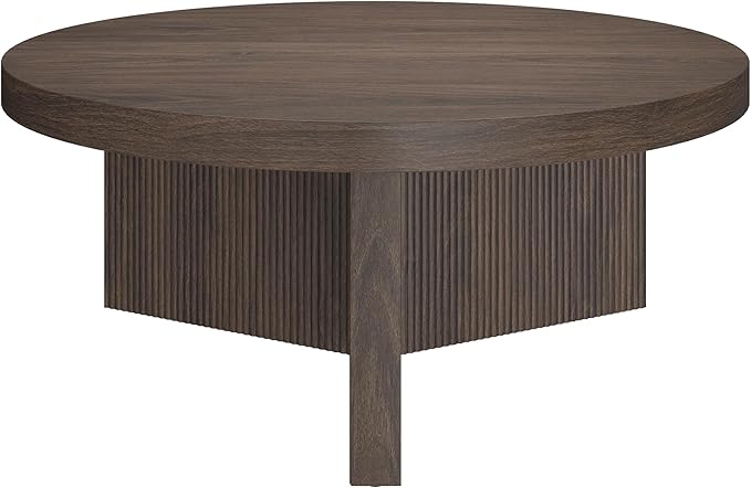 Henn&Hart 36" Fluted Round Low-Profile Coffee Table with Ribbed Pedestal Base Living Room, Family Room, or Office, Warm Brown