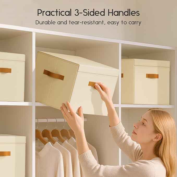 Clothes Storage Bins with Window & Flap Closet Organizer with Handles, Decorative Basket for Home, Dorm, Beige