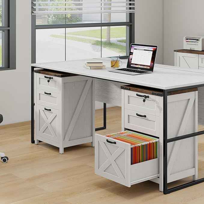 Vabches Vertical File Cabinet with 3 Drawers, Wooden Farmhouse Filing Cabinet for Letter/A4 Size Hanging Files, Under Desk Printer Stand with Storage for Home Office, White and Lock