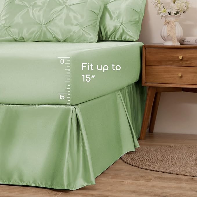 MR&HM Satin Comforter Queen 7 Pieces - Luxurious Pinch Pleat Bedding Set with Comforter, Flat Sheet, Fitted Sheet, Pillowcases & Shams, Super Silky Soft Bed Set for All Season (Queen, Light Sage)