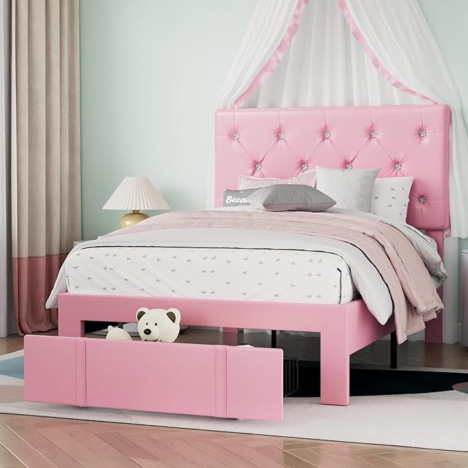 VECELO Twin Size Bed Frame with Storage Drawers, Leather Upholstered with Diamond Tufted Headboard, Solid Wood Slat Support, No Box Spring Needed, PU & Pink
