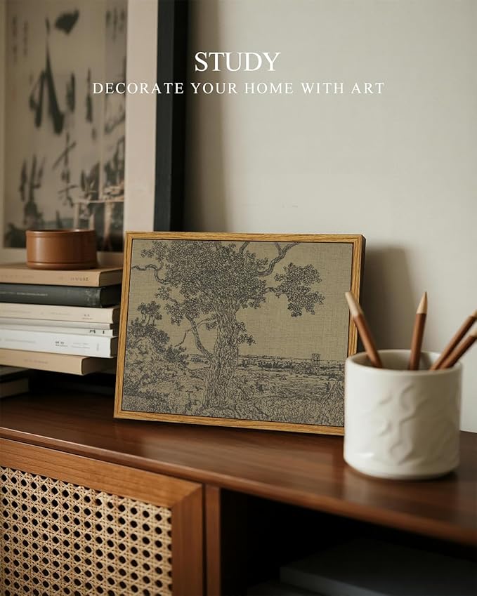 InSimSea Framed Canvas Print Art, Vintage Sketch Tree Landscape Painting, Rustic Farmhouse Cottage Decor for Hallway Wall Floating Shelf Desk Vanity Fireplace,10x8in, Neutral Tones