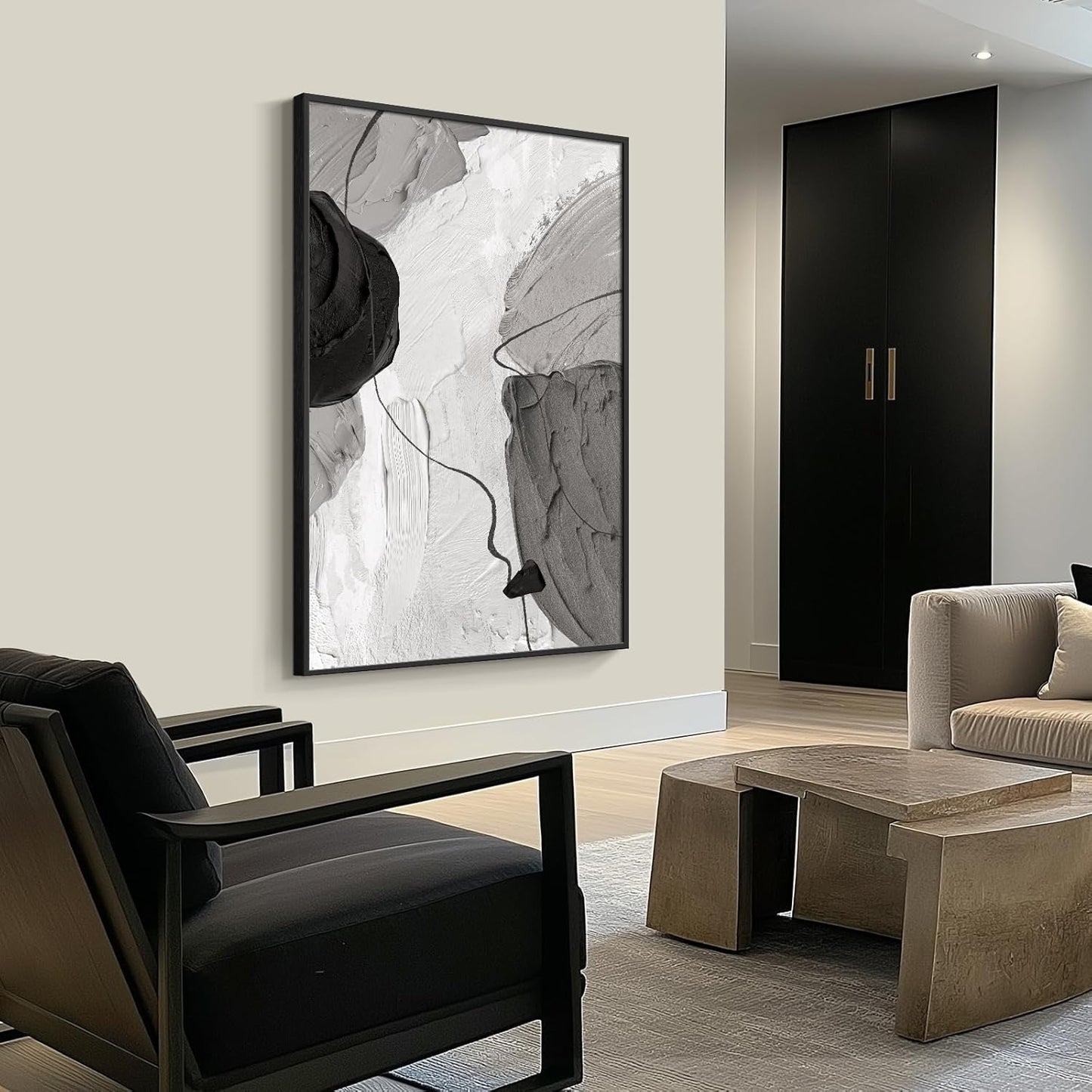 Large Framed Black and White Modern Abstract Vertical Wall Art for Living Room, Canvas Prints Paintings Artwork for Walls, Minimalist Gray Pictures for Hallway Stair Office Wall Decor 40x60 In