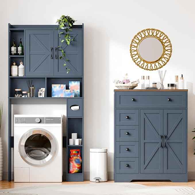 Vabches Farmhouse Storage Cabinet with 2 Doors and 5 Drawers, Freestanding Bathroom Cabinets Kitchen Pantry, Floor Storage Cabinet Hutch Cupboard for Living Room/Bathroom/Kitchen.Blue