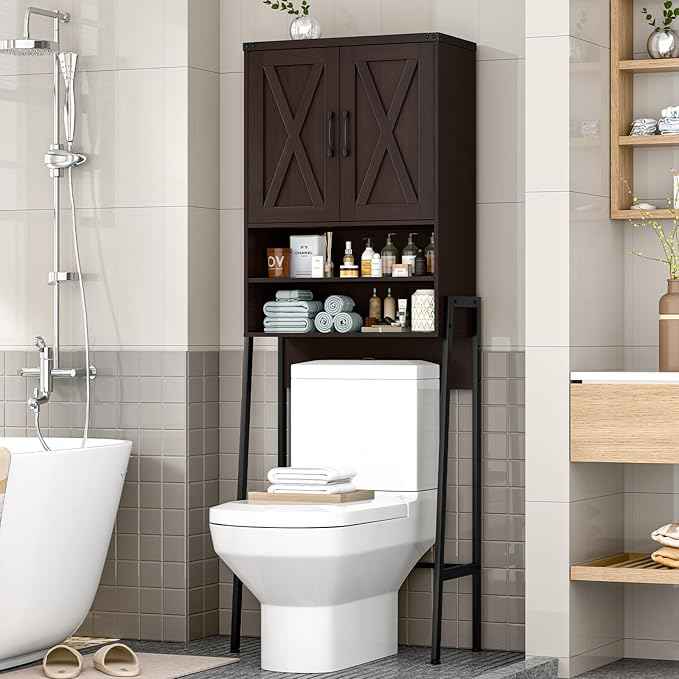 Vabches Over The Toilet Storage Cabinet, Farmhouse Over Toilet Storage Cabinet, Metal Frame with Barn Doors, Home Space-Saving Toilet Rack for Bathroom, Toilet, Laundry Room