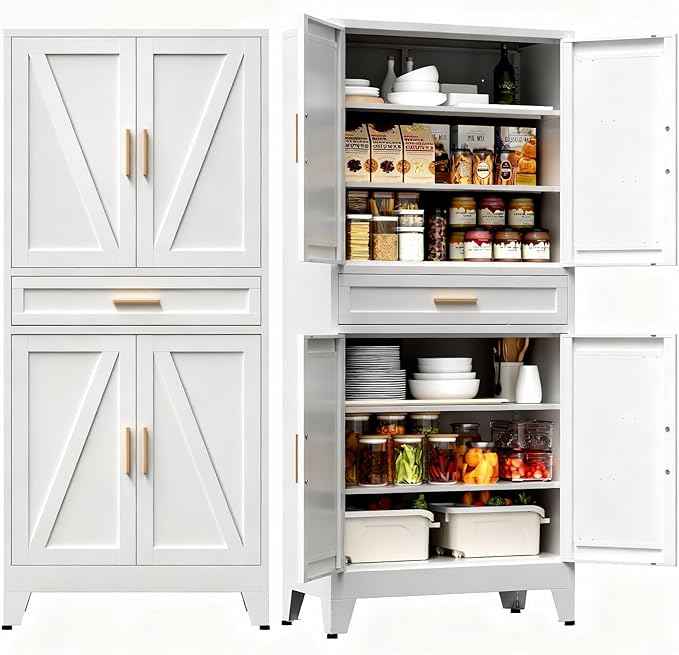 COFaR 71" Tall Kitchen Pantry, Farmhouse Storage Cabinet with Doors and Shelves, Metal Cabinet with Drawers and Legs, for Cupboard/Dining Room/Bathroom/Living Room/Office/Laundry Room (White).