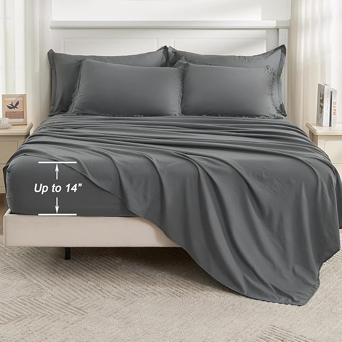 Andency Oversized King Comforter Set Dark Grey 120x98-7 Pieces Boho Tassel Bed in a Bag Soft Lightweight Bedding Sets, Fringe All Season Bed Set with Comforter, Sheets, Pillowcases & Shams
