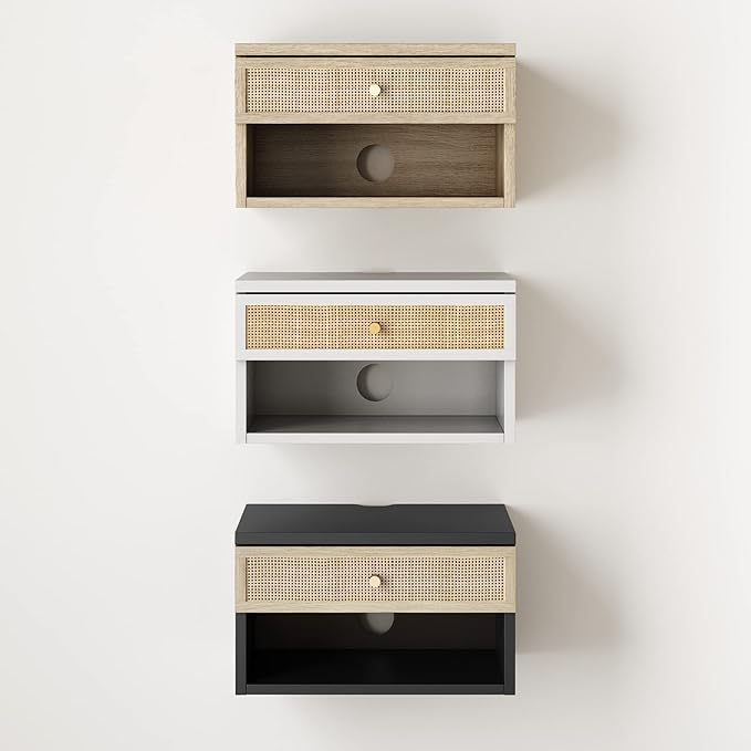 Nathan James Jackson Wall Mounted Rattan Floating Bedroom Nightstand with Storage Drawer and Modern Open Shelf Cubby, Light Oak/Rattan, Set of 2