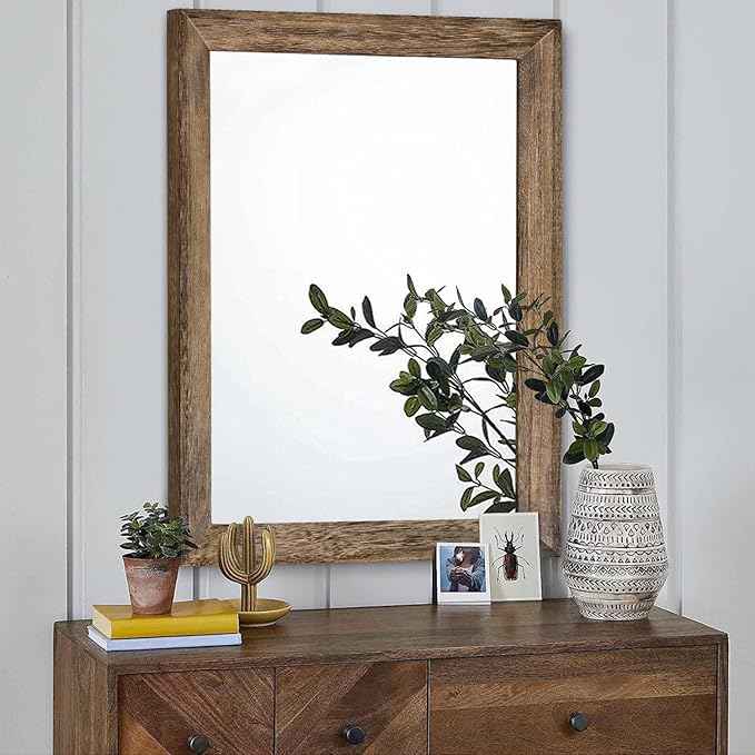 AAZZKANG Rustic Wood Mirror Rectangle Decorative Wall Mirrors with Frame Large 26"x18"for Bedroom Living Room Bathroom Entryway Hanging Brown
