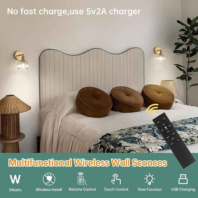 Battery Operated Vintage Wall Sconces with Amber Tulip Glass Lampshade Battery Powered Wall Lighting for Bedside Bedroom Doorway, Set of 2