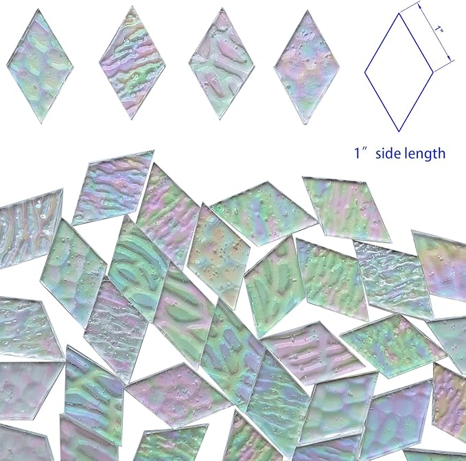 60 Pieces 1 Inch Each Side Diamond Shape(White Clear Iridescent) Stained Glass for DIY Crafts, Precut Mosaic Tiles Bulk - Mosaic Kits, Windows, Art Projects - Stained Glass Pieces for Beginners