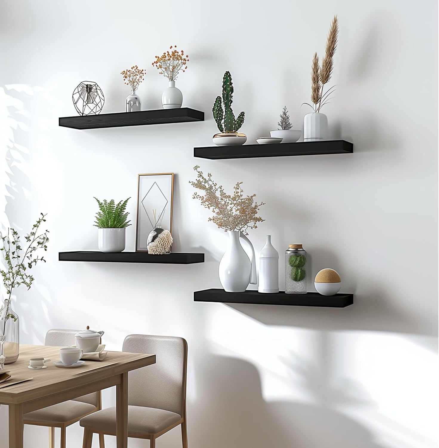 Wood Floating Shelves for Wall Decor, Rustic Wall Shelves for Bedroom Bathroom Kitchen Living Room, Set of 6 Black - Décor Diaries