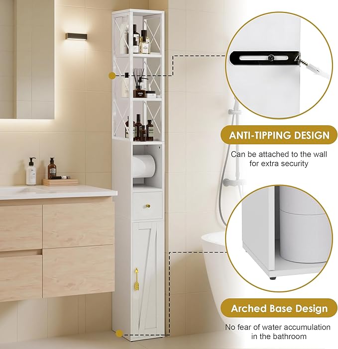 VECELO Storage Cabinet, 67" Tall Narrow Bathroom Cabinet with X-Frame Metal Design, Toilet Paper Holder, Magnetic Door & Drawer, for Small Spaces, Pearl White