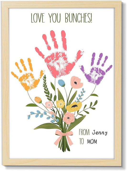 QOUBAI Colorful Flower Bouquet Handprint Art Craft DIY Kit Mother's Day Gifts From Daughter or Son Fun Family Handprint Keepsake with Wood Frame for Mom Grandma Birthday Christmas 12x16 Inch