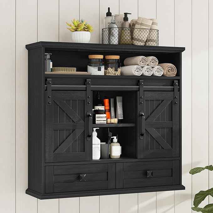 Vabches Bathroom Wall Cabinet, Farmhouse Medicine Cabinet with Double Sliding Barn Door and Storage Drawer, Wooden Vintage Storage Cabinet Wall Mounted for Bathroom, Kitchen, Rustic Black