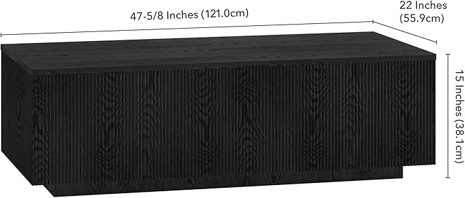Henn&Hart 48" Fluted Rectangular Low-Profile Coffee Table with Ribbed Sides for Living Room, Family Room, or Office, Black Grain