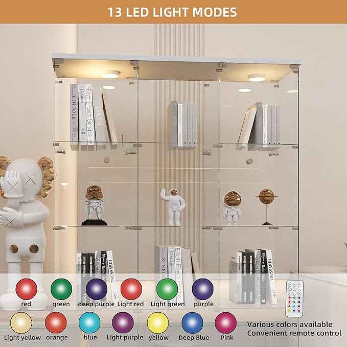 Beauty4U Glass Display Cabinet with LED Lights, Extra Large 3 Columns 2 Doors Curio Cabinets with 12 Shelves for Living Room, Bedroom, Office, White Floor Standing DIY Glass Bookshelf