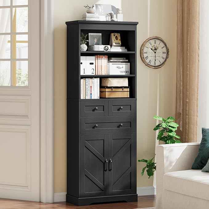 Vabches Farmhouse Bathroom Cabinet, 70" Tall Bathroom Storage Cabinet with 3 Drawers, Adjustable Shelves & Doors, 3 Tier Wood Cabinets for Bathroom, Living Room, Kitchen, Rustic Black
