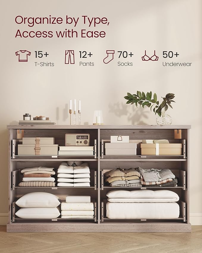 VASAGLE MAXE Collection - 6-Drawer Double Dresser for Bedroom, 54.2-Inch Wide Chest of Drawers, Fluted Panels, Mid Century Modern Storage Dresser, TV Stand for Living Room, Washed Gray ULTS662FD01S