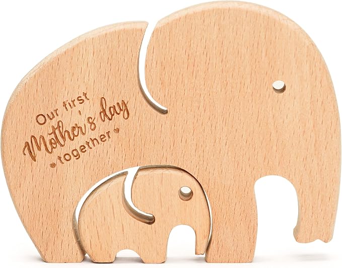 NELXI First Time Mom Gifts, Elephant Mom and Baby Wooden Decor Keepsake, Our First Together Engraved Sign, Meaningful Present for Wife, Sentimental Nursery Tabletop Decor