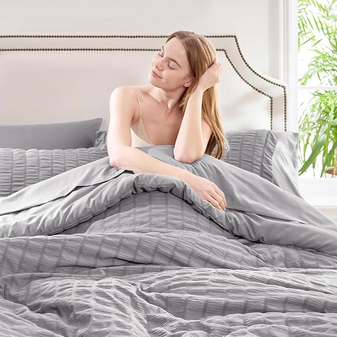 CozyLux King Size Comforter Set Grey Seersucker 7 Pieces Bed in a Bag King Comforter Set with Sheets, Gray Luxury Bedding Set with Down Alternative Comforter, Sheets, Pillowcases & Shams All Seasons