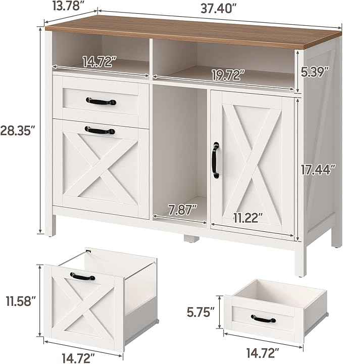 Vabches Lateral File Cabinet, Farmhouse 2 Drawer File Cabinet with Open Storage Shelf for Letter/Legal/A4 Size Hanging Files, Large Wood Storage Cabinets Printer Stand for Home Office, White