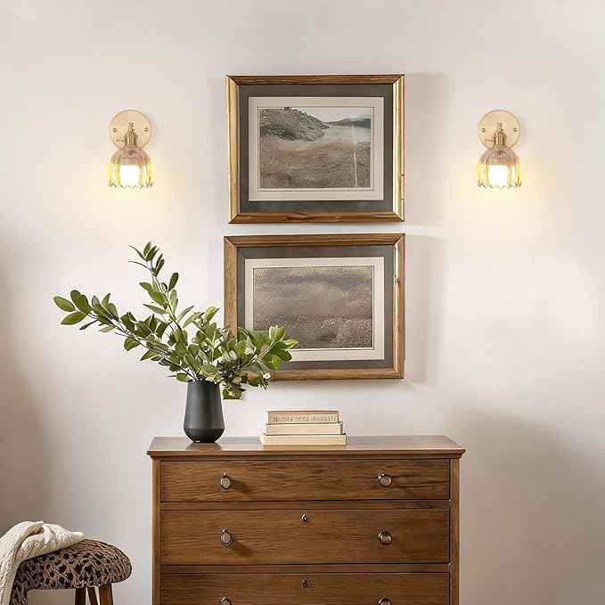 Vintage Battery Operated Wall Sconce with Amber Tulip Glass Lampshade Rechargeable Battery Powered Wall Light with Remote Control for Bedside Bedroom Doorway, Set of 2