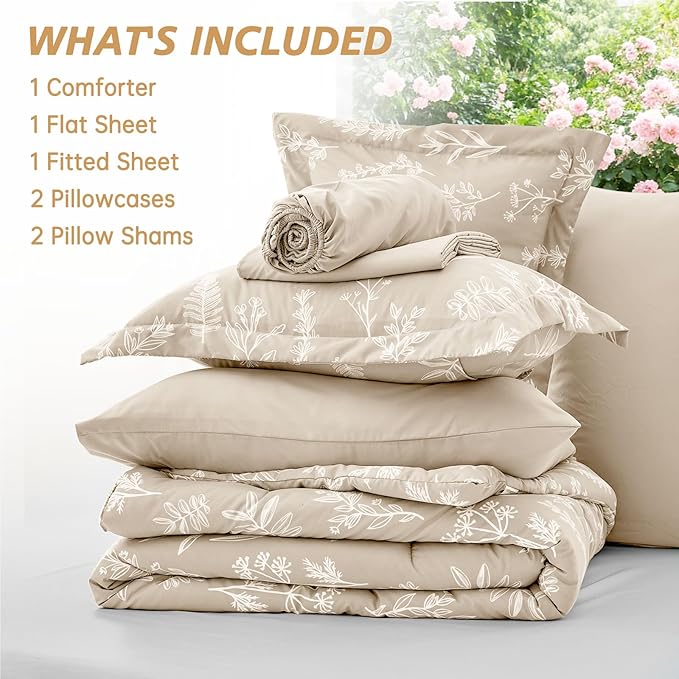 MUXHOMO Beige Full Comforter Set, Elegant Floral Print Bed in a Bag 7 Pieces, Ultra Soft & Breathable Reversible Botanical Pattern Bedding Set with Comforter, Sheets, Pillowcases, and Shams