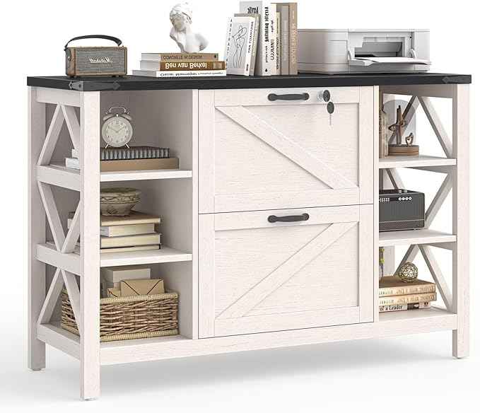 Vabches File Cabinet with 2 Drawers, Farmhouse Lateral File Cabinet Fits Files Letter/A4/Legal Size, Wooden Filing Cabinet with 4 Adjustable Shelves Printer Stand for Home Office, White and Black