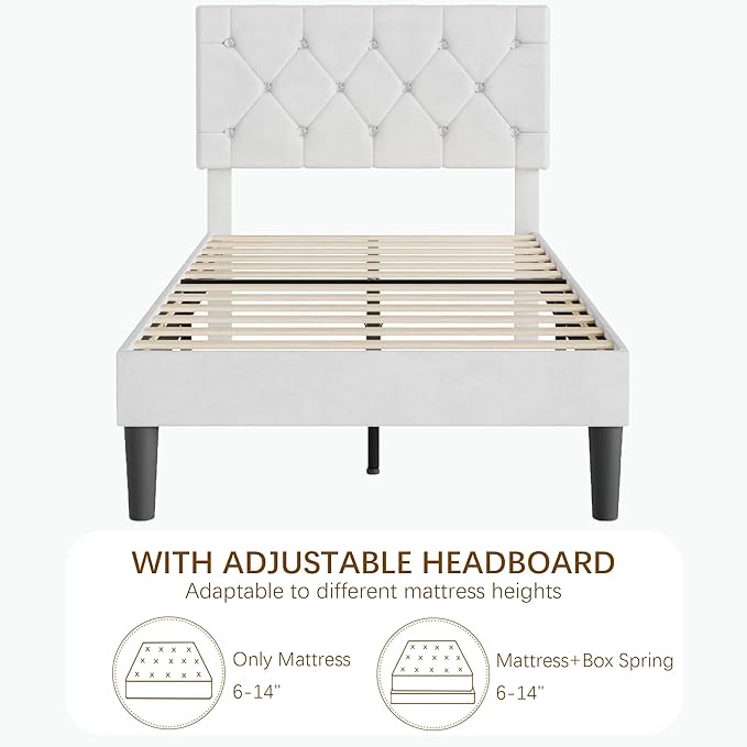 VECELO Twin Size Bed Frame with Diamond Tufted Headboard, Upholstered Platform Bedframe with Wood Slat Support, No Box Spring Needed, Velvet & White