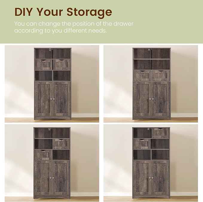 Iwell Tall Storage Cabinet with 2 Drawers & Adjustable Shelf, Bathroom Cabinet with Doors, Kitchen Pantry Storage Cabinets, Cupboard for Living Room, Dining Room, Entryway, Rustic Gray