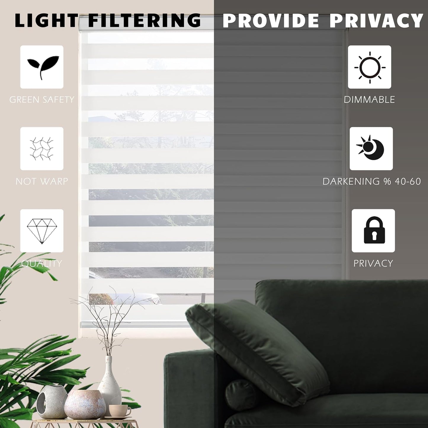 Zebra Blinds for Windows Dual Layer Light Filtering Privacy Free-Stop Sheer Shades Light Control for Indoor Windows Zebra Shades for Living Room(72" W X 72" H, White)