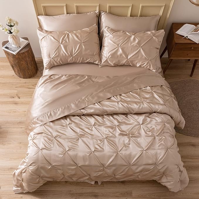 MR&HM Satin Comforter King 7 Pieces - Luxurious Pinch Pleat Bedding Set with Comforter, Flat Sheet, Fitted Sheet, Pillowcases & Shams, Super Silky Soft Bed Set for All Season (King, Champagne)