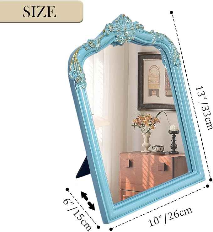 Vintage Carved Desk Mirror - 13x10 Inch Decorative Vanity Mirror for Makeup, Dorm, Bedroom & Tabletop Deco (Blue, 13" L x 10.2" W Flowers)