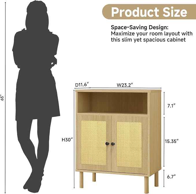 Rattan Storage Cabinet, Boho Accent Cabinet with Double Doors, Small Freestanding Sideboard for Hallway, Laundry Room,Kitchen, Dining Room, Entryway (Oak)