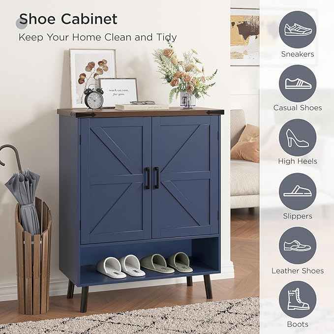 Vabches Farmhouse Shoe Storage Cabinet with Doors, 5 Tier Small Shoe Cabinet with Adjustable Shelves and Metal Legs, 34" Tall Shoe Rack Organizer for Entryway, Foyer, Navy Blue