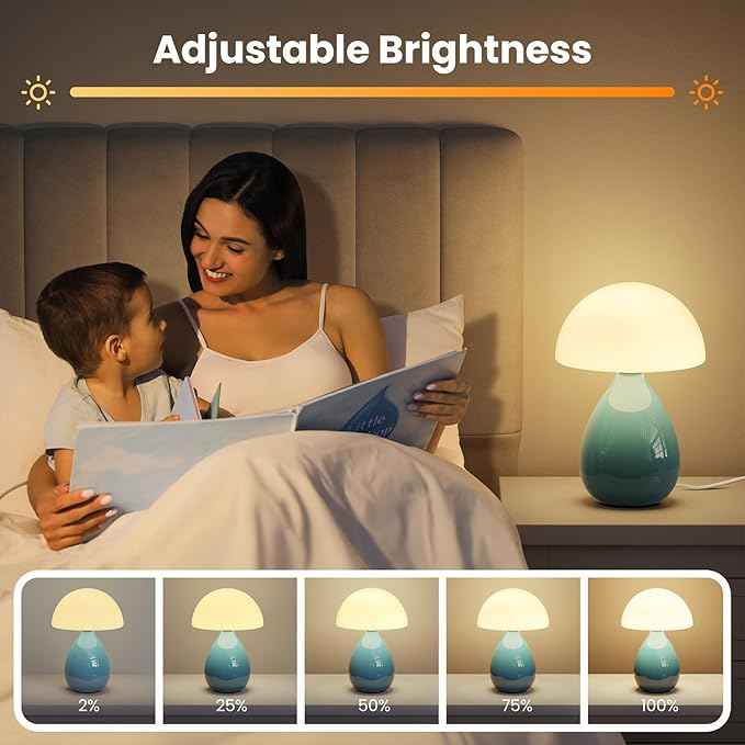 Mushroom Side Table Lamp, Mini Modern Lamp Small Vintage Table Bedside Nightstand Light, Small Light Dimmable for Bedroom, Living Room, Ceramic Base Glass Led Home Decor for Woman Gifts