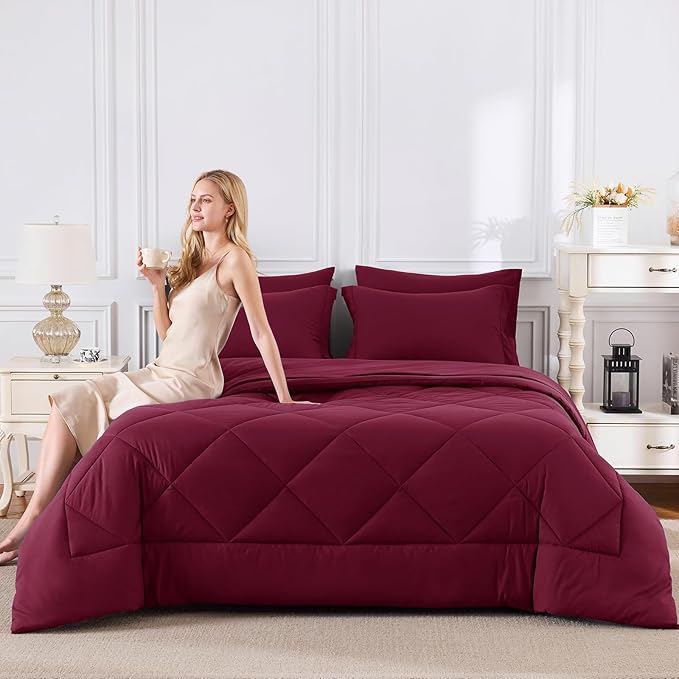 CozyLux Queen Comforter Set Burgundy - Bed in a Bag Queen Size 7 Pieces, Luxury Soft Bed Set for All Seasons, Bedding Set with Down Alternative Comforter, Sheets, Pillowcases & Shams, Red