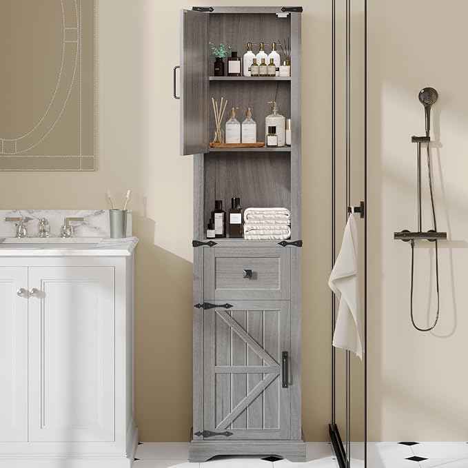 Vabches 66" Tall Farmhouse Bathroom Storage Cabinet with Barn Doors and Drawer, Narrow Storage Unit, Adjustable Shelves & 5-Tier Space, Freestanding Cabinet for Bathroom, Entryway, Kitchen, Wash Grey