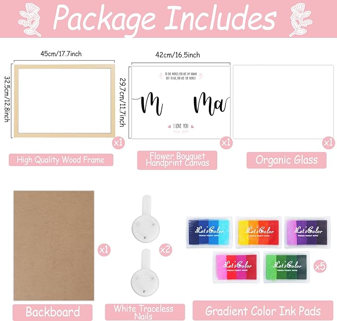 QOUBAI Mother's Day Handprint Art Craft DIY Kit Mother's Day Gifts from Daughter or Son Children Adults Handprint Keepsake with Wood Frame for Mom Grandma Birthday Holiday Activities 12x16 Inch