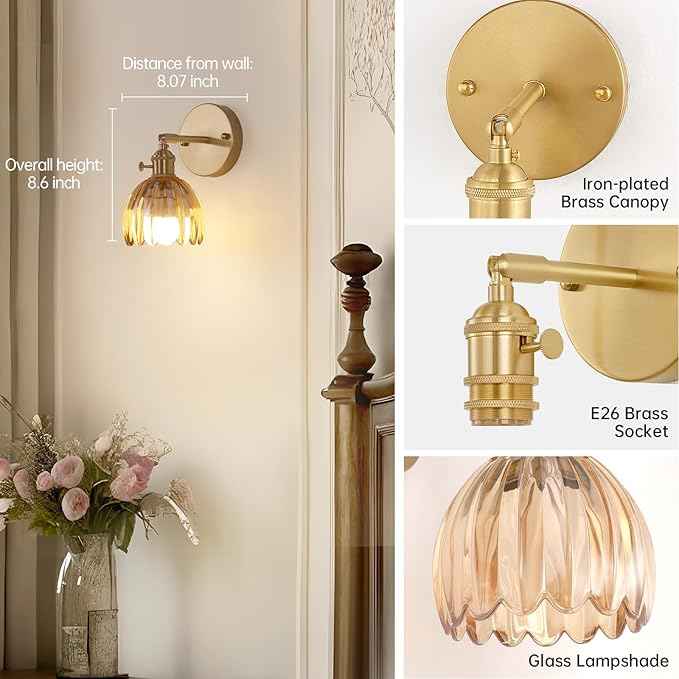 Vintage Battery Operated Wall Sconce with Amber Tulip Glass Lampshade 5000 mAh Rechargeable Battery Powered Wall Light with Remote Control for Bedside Bedroom Doorway, Set of 2