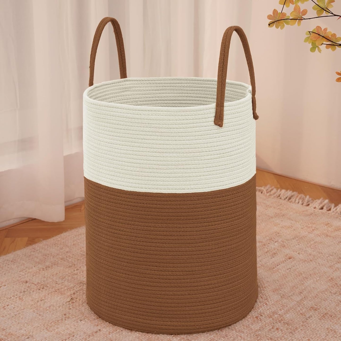 Large Woven Laundry Basket Hamper,60L Cotton Rope Storage Bin for Blankets,Toys and Clothes,Decorative Tall Nursery Hamper for Living Room,Baby Nursery,Bathroom and Bedroom,White and Brown