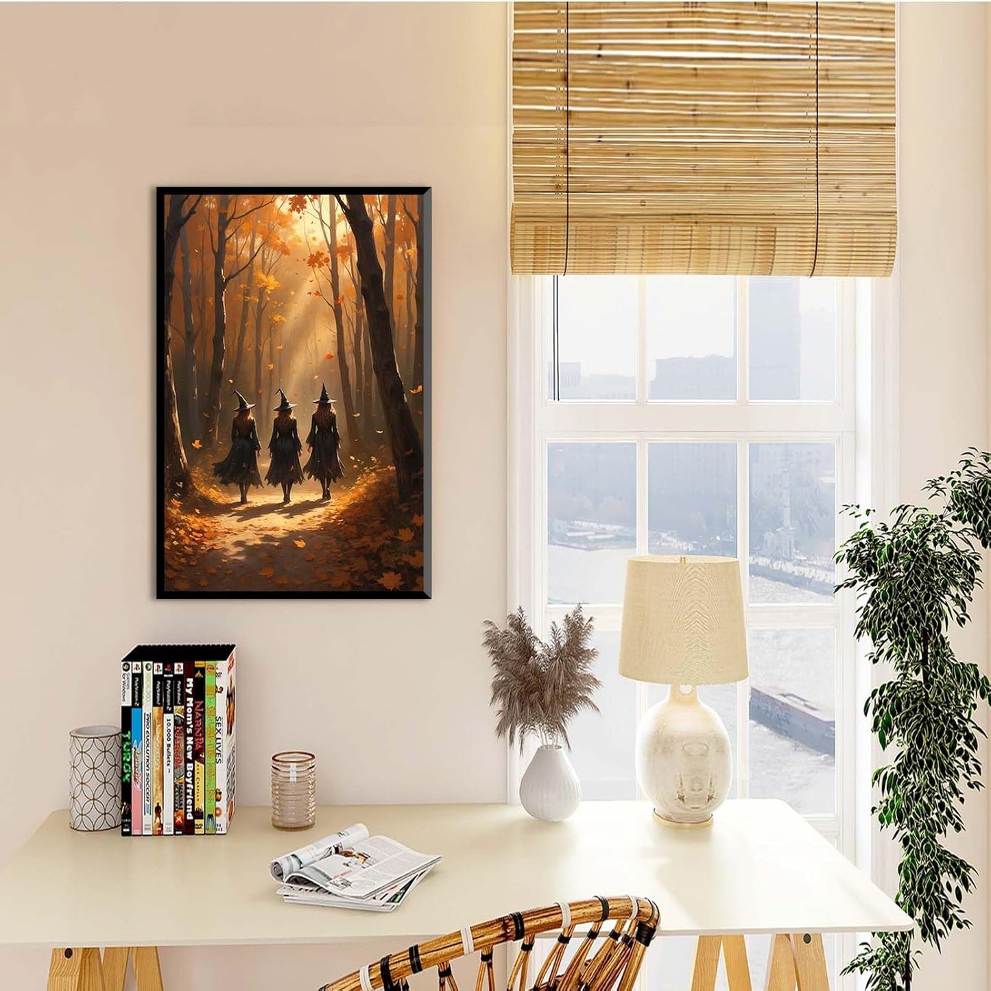 JFHCQJPK Three witches walking in the forest in autumn canvas painting gothic poster halloween print country witch wall art for home decoration20x30in Metal blackFramed