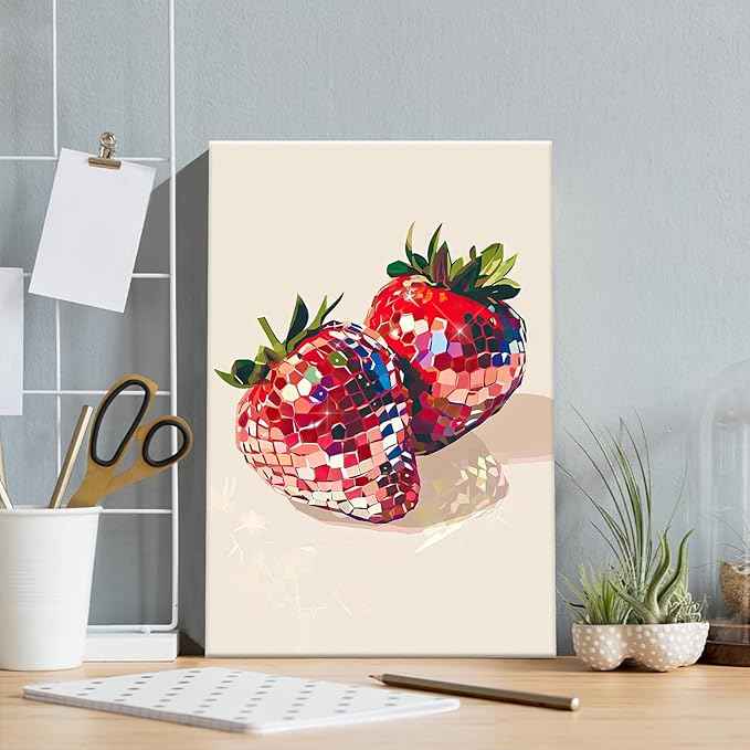 Funky Red Strawberry Disco Wall Art,Trendy Disco Ball Poster For Girls Room, Coquette Strawberries Picture Print, Art Fruit Poster For Home Bedroom Dorm wall Decor 16X24in Framed