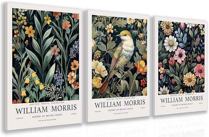 Hianan William Morris Floral Canvas Wall Art, Vintage Botanical Poster Prints, Bright Flower Bird Aesthetic Pictures, William Morris Animal Wall Decor for Living Room Bedroom Framed 16"x24"x3