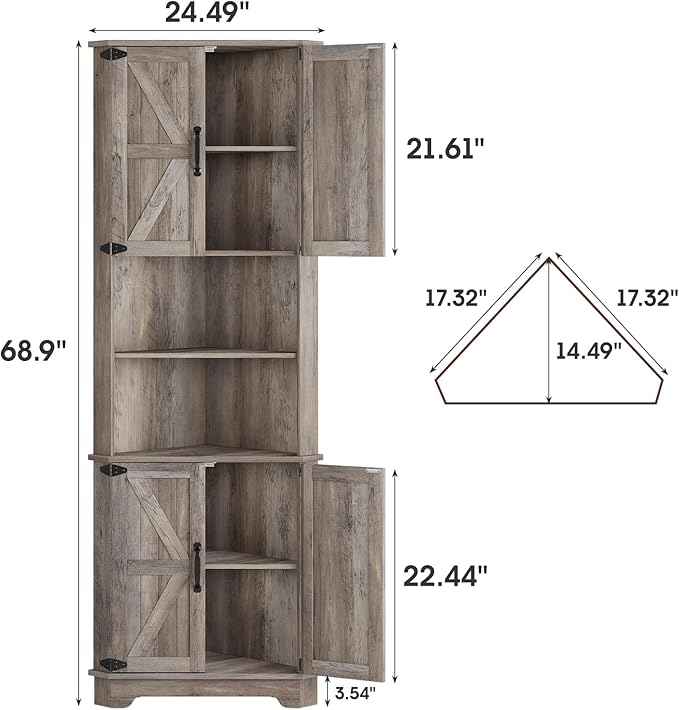 Vabches 68.9" Tall Corner Cabinet, Farmhouse Style Storage Cabinet with Adjustable Shelve, Barn Door Design, Home Space Saver for Kitchen,Bathroom, Living Room, Dining Room (Grey)
