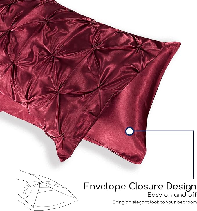 MR&HM Satin Comforter California King 7 Pieces Burgundy - Luxurious Pinch Pleat Bedding Set with Comforter, Flat Sheet, Fitted Sheet, Pillowcases & Shams, Super Silky Soft Bed Set for All Season