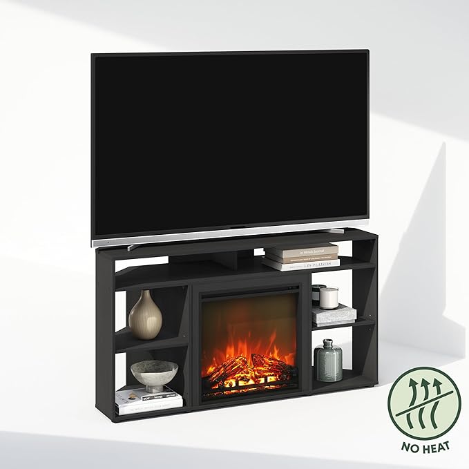 Furinno Jensen Fireplace TV Stand, NO Heat Decorative Electric Fireplace Corner TV Stand for TV up to 55 Inch, with 6 Open Shelves, for Living Room, Americano